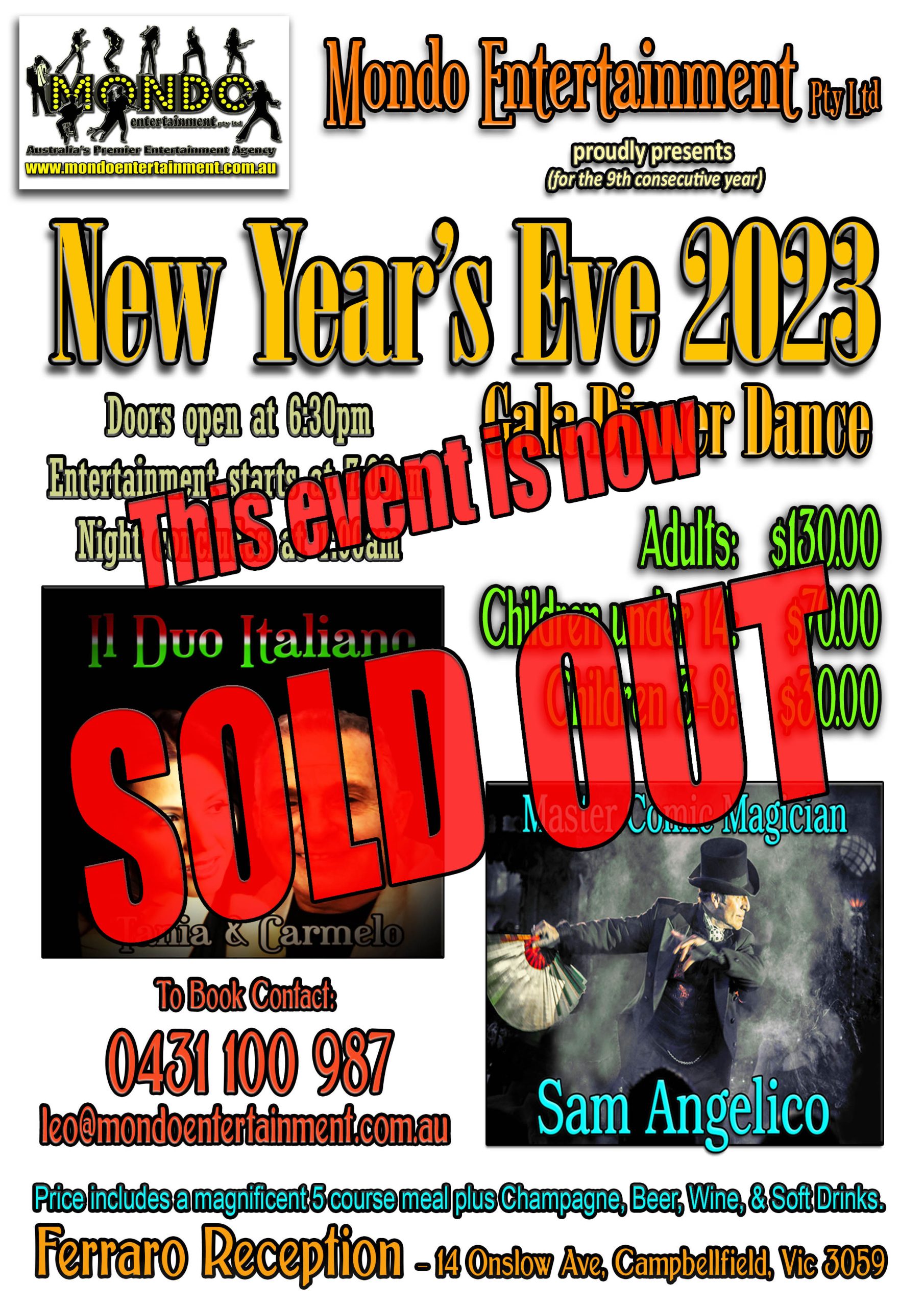 NYE DINNER DANCE 2023 – 2024 – with Tania, Carmelo & Sam Angelico images – SOLD OUT