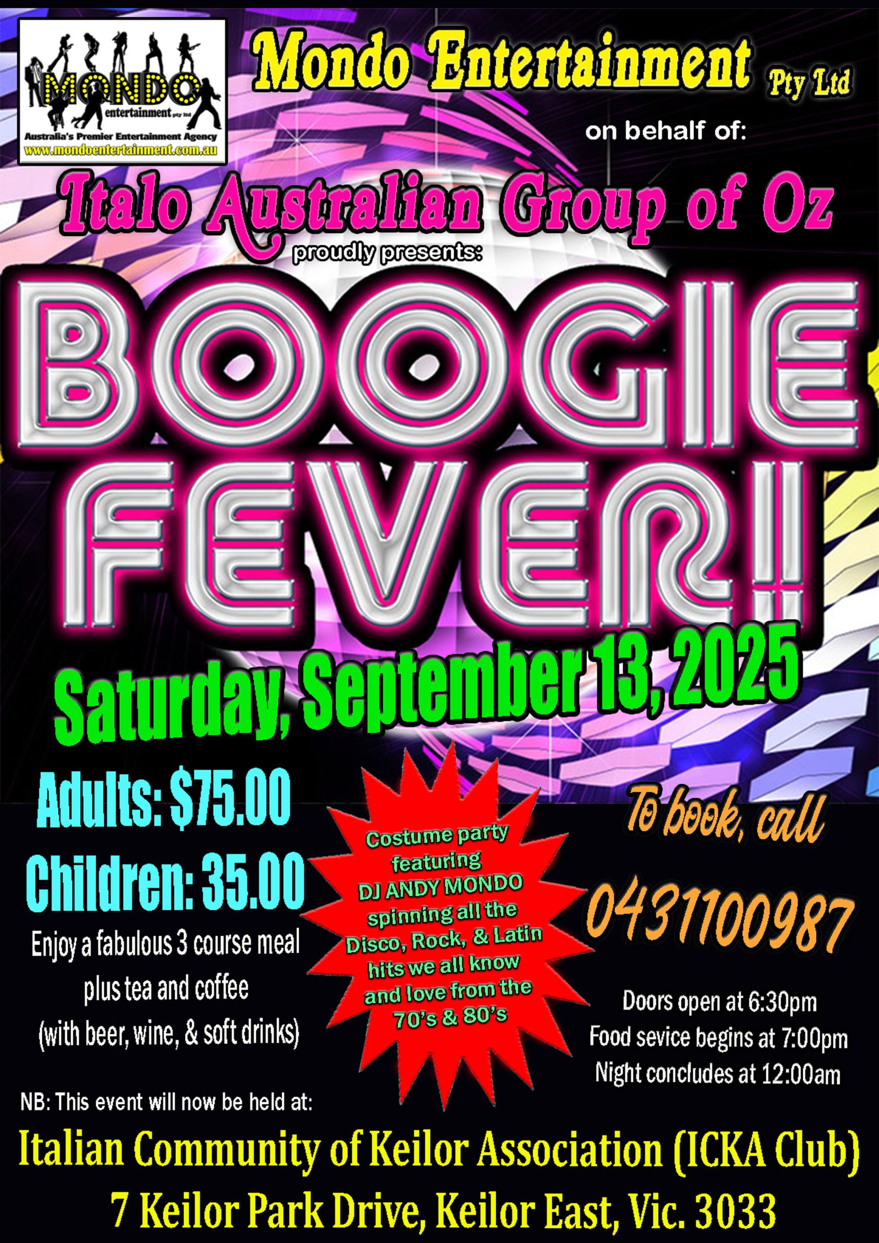 BOOGIE FEVER – 70S & 80S PARTY NIGHT – SEPT 13 2025 – ICKA EAST KEILOR – DJ VERSION – SAVED AS A4